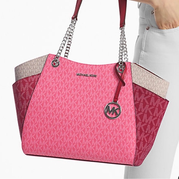 Michael Kors LG Jet Set Color-Block Signature Logo Shoulder Bag Dark Raspberry - Picture 10 of 11